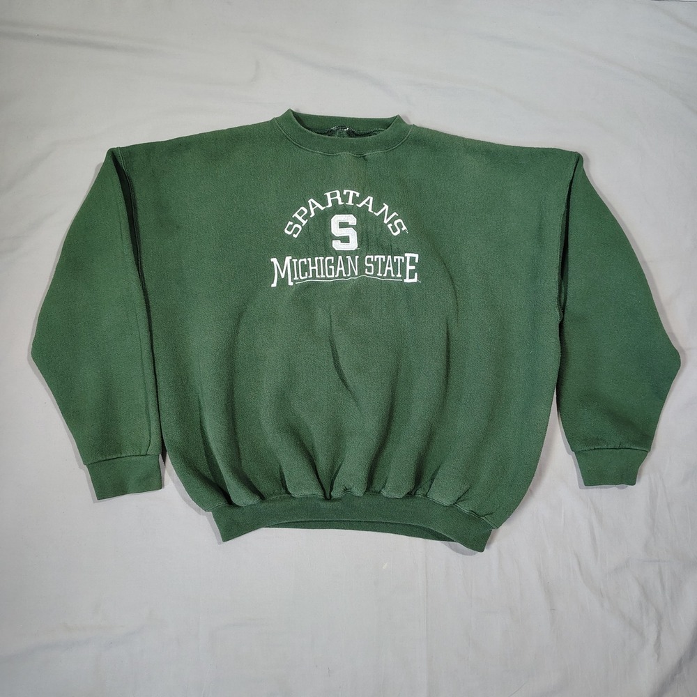 VINTAGE Michigan State Spartans Mens XL Green Sweatshirt Cotton NCAA Pullover